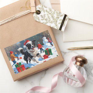 Adesivo Retangular Cena de Natal com Border Collie na Neve