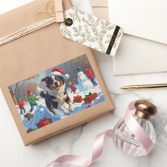 Adesivo Retangular Cena de Natal com Gado Australiano na Neve (Presentear)