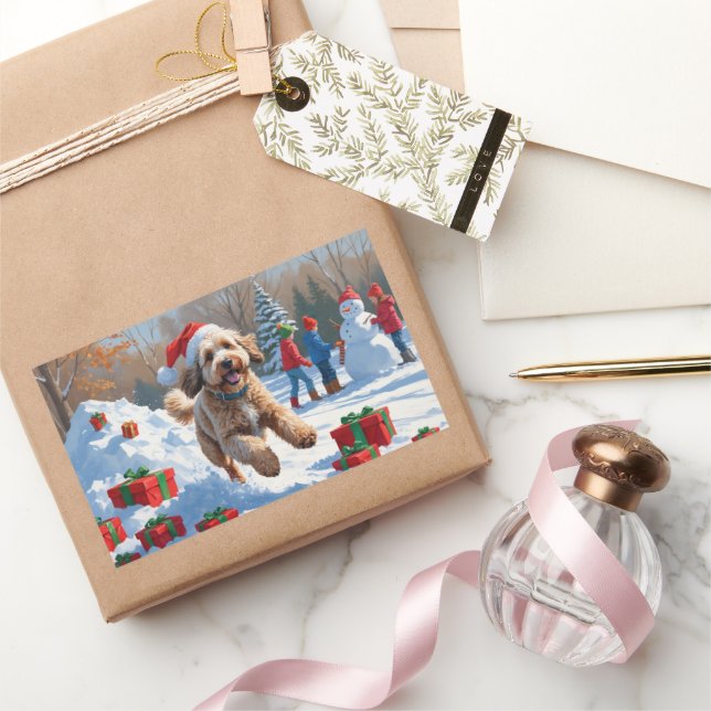 Adesivo Retangular Cena de neve festiva de Natal Bernedoodle (Presentear)