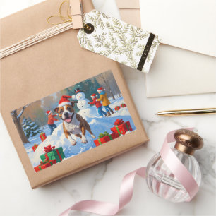 Adesivo Retangular Cena de Neve Festiva de Natal com Bull Terrier