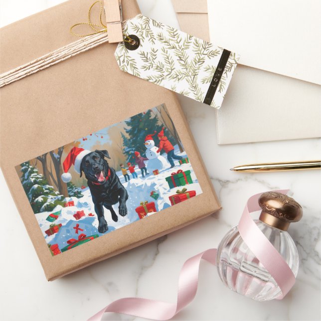Adesivo Retangular Cena de neve festiva de Natal com Labrador preto (Presentear)