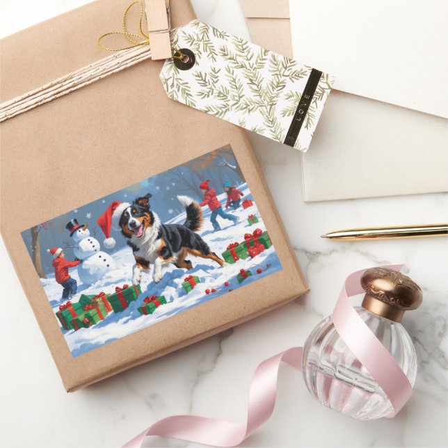 Adesivo Retangular Cena de Neve Festiva de Natal Kelpie australiana (Presentear)