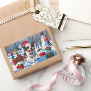 Adesivo Retangular Cena Festiva de Neve Terrier Christmas australiana