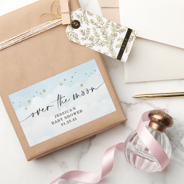 Adesivo Retangular Chá de Bebê Azul Menino Lua Acima (Presentear)