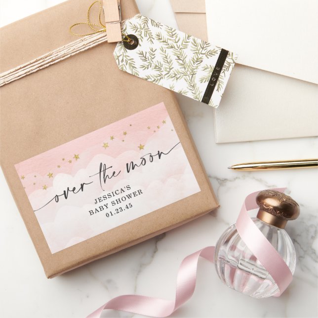 Adesivo Retangular Chá de Bebê Menina Lua Rosa (Presentear)