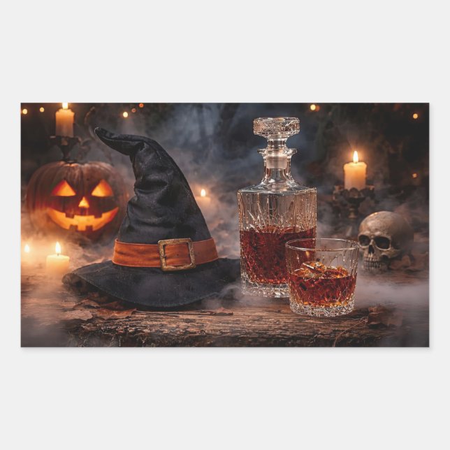 Adesivo Retangular Chapéu de Bruxa de Halloween e Whiskey Místico (Frente)