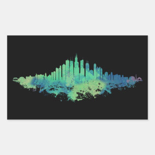 Adesivo Retangular Chicago City Skyline Watercolor em azul e verde