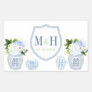 Adesivo Retangular Chinoiserie Chic Blue & White Weding Crest Favor