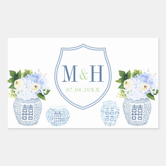 Adesivo Retangular Chinoiserie Chic Blue & White Weding Crest Favor (Frente)