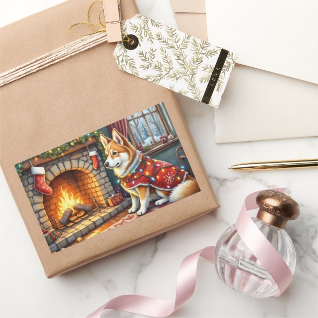 Adesivo Retangular Chinook Sitting by Fireplace with Christmas Lights (Presentear)