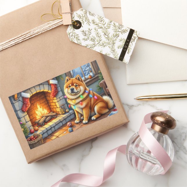Adesivo Retangular Chow Chow Sitting Fireplace with Christmas Lights (Presentear)