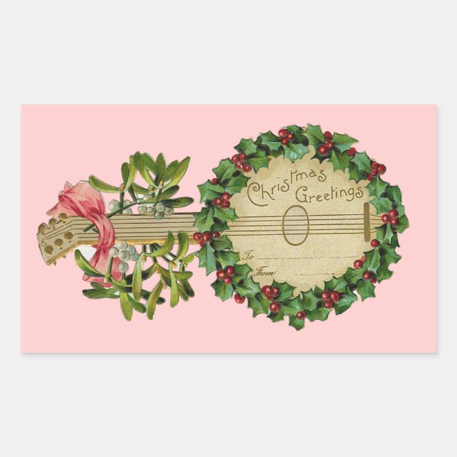 ADESIVO RETANGULAR CHRISTMAS BANJO COM MISTLETOS E HOLLY BERRIES (Frente)