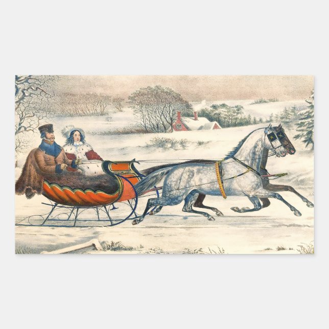 Adesivo Retangular Classic 1853 Sleigh Ride Currier Ives Road Winter (Frente)