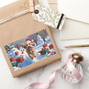 Adesivo Retangular Cockapoo Correndo na Neve com Chapéu de Natal