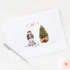 Adesivo Retangular Cocker Spaniel Engraçado Cachorro de Natal com Árv