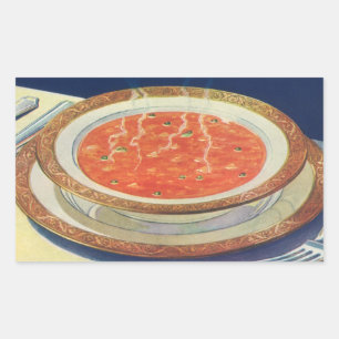 Adesivo Retangular Comida Antiga, Tigela Quente de Sopa de Tomate com