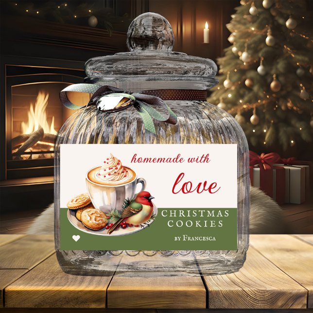 Adesivo Retangular Cookies de natal de aves de aquarela (Festive Christmas cookies label featuring a watercolor cappuccino with cute bird and cookies)