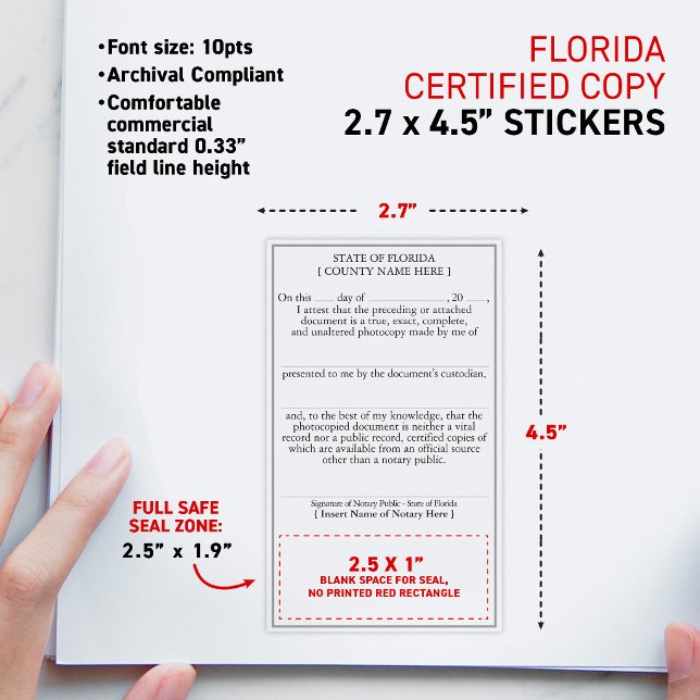 Adesivo Retangular Cópia Autenticada e Certificada por Notário em Con (FLORIDA Compliant Notary Attested Certified Copy Rectangular Matte Stickers)