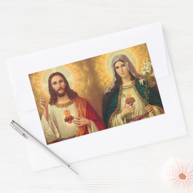 Adesivo Retangular Coração Sagrado de Jesus e Virgem Maria (Envelope)