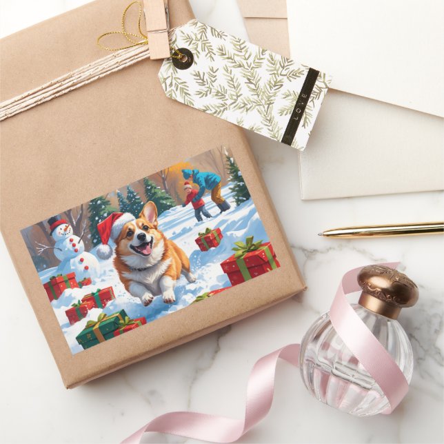 Adesivo Retangular Corgi Correndo na Neve com Chapéu de Natal (Presentear)