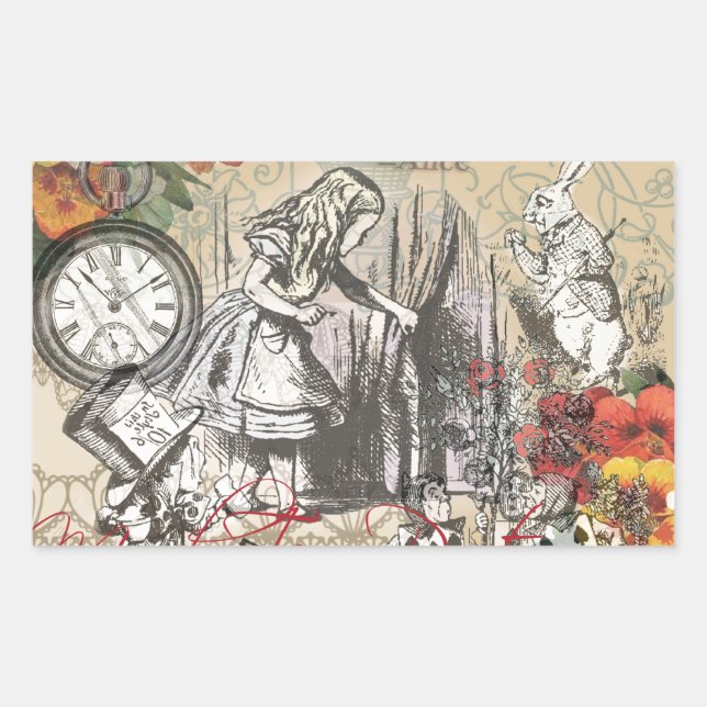 Adesivo Retangular Cortina Clássica de Arte das Aventuras de Alice no (Frente)