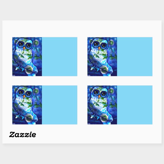 Adesivo Retangular Coruja-Abstrato Whimsical Floral Azul Verde (Folha)