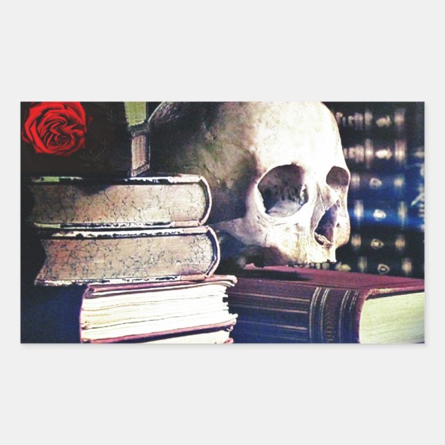 Adesivo Retangular Crânio e livro ortográfico sobre presentes, roupas (Frente)