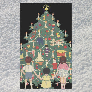 Adesivo Retangular Crianças do natal vintage em torno de uma árvore
