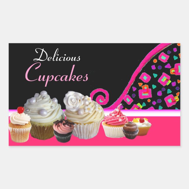 Adesivo Retangular CUPCAKES DELICIOSOS Pontos cor-de-rosa FESTA DE AN (Frente)