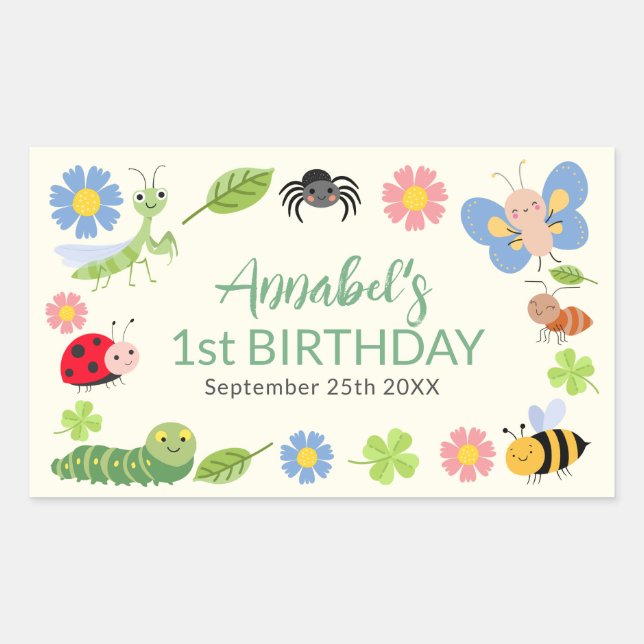 Adesivo Retangular Cute Bug Ladybug Buttefly Kids 1st Birthday  (Frente)