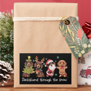 Adesivo Retangular Dachshund Através da Neve Cachorros de Natal Engra