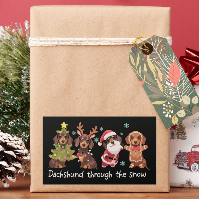 Adesivo Retangular Dachshund Através da Neve Cachorros de Natal Engra (Feriado)