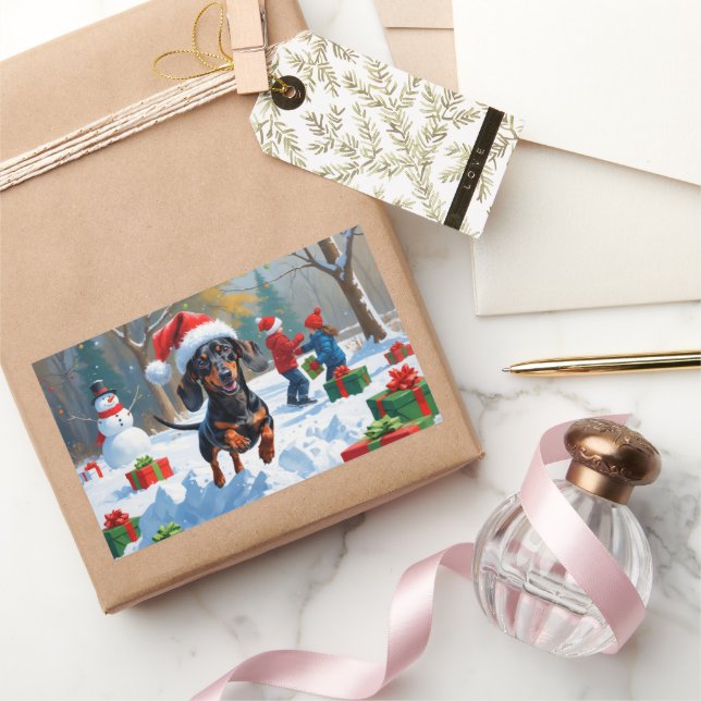 Adesivo Retangular Dachshund Correndo na Neve com Chapéu de Natal (Presentear)
