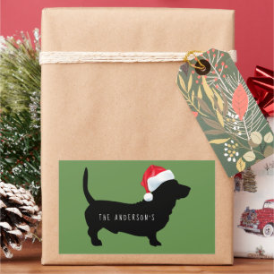 Adesivo Retangular Dachshund de Natal com Chapéu de Papai Noel Monogr