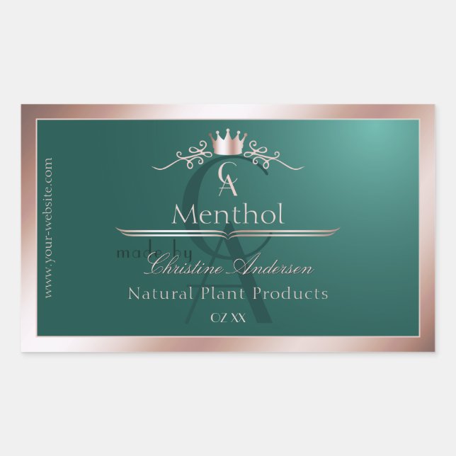 Adesivo Retangular Dark Teal Product Label Rose Gold Frame Monogram (Frente)