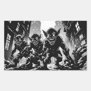 Adesivo Retangular Demônios Goblin Cidade Abandonada BW Estilo de Qua