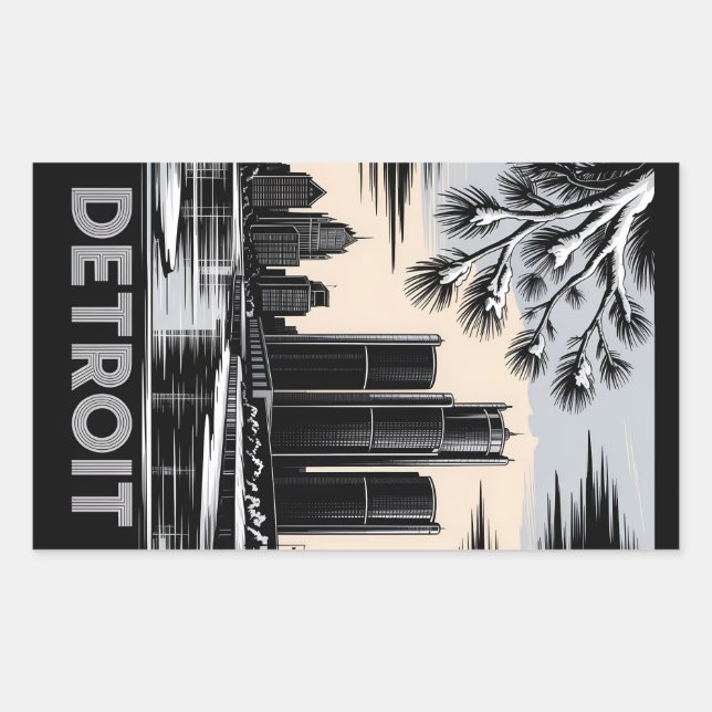 Adesivo Retangular Detroit Skyline Black and White Woodcut Winter (Frente)