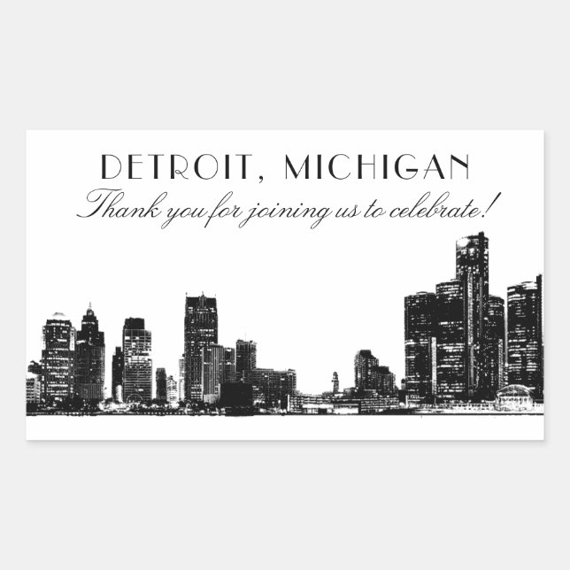 Adesivo Retangular Detroit Skyline Black Art Deco Casamento Obrigado (Frente)
