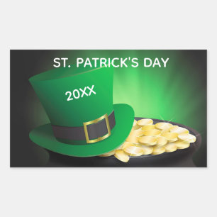 Adesivo Retangular Dia de São Patrício Leprechaun Hat e Moedas Dourad