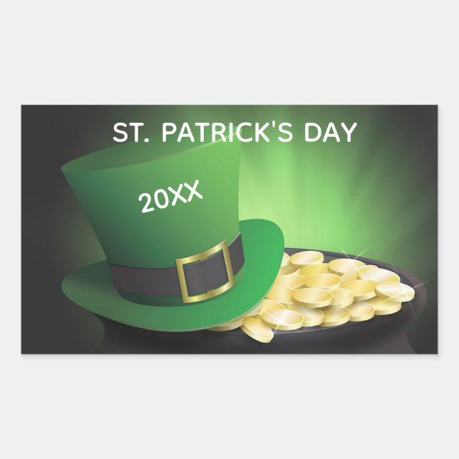 Adesivo Retangular Dia de São Patrício Leprechaun Hat e Moedas Dourad (Frente)