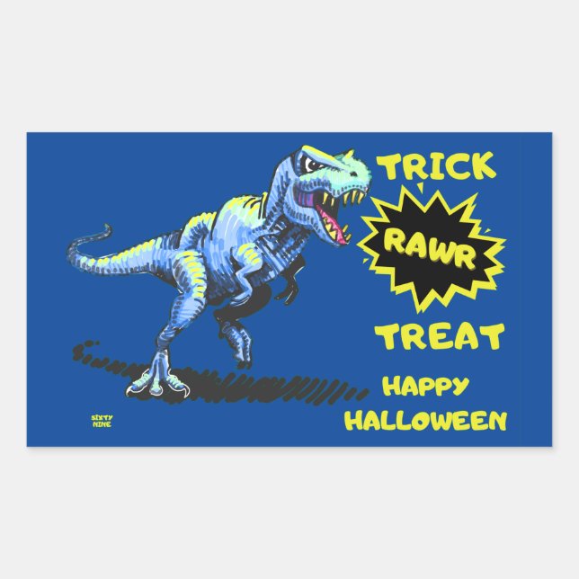 Adesivo Retangular Dinossauro Dia de as Bruxas engraçado "TRICK RAWR  (Frente)