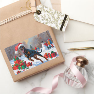 Adesivo Retangular Doberman correndo em neve com chapéu de Natal