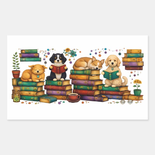 Adesivo Retangular Dogs Reading Books Cozy Library Scene (Frente)