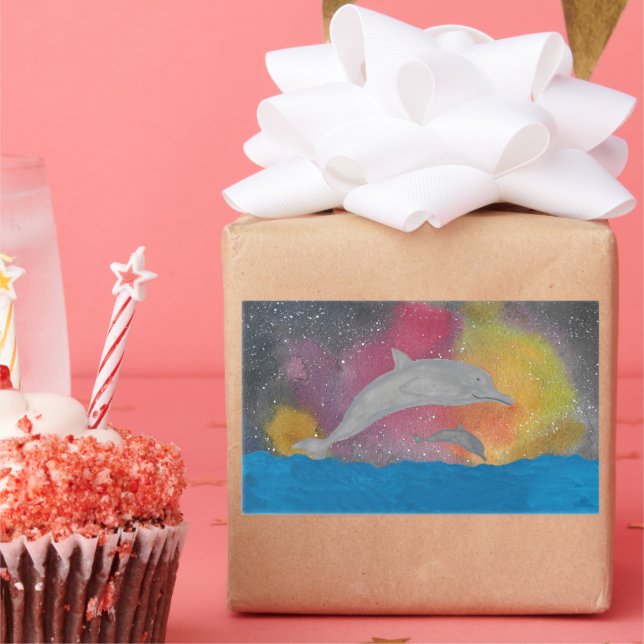 Adesivo Retangular Dolphins Against a Galaxy Sky (Festa)