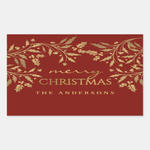 Adesivo Retangular Dourada Faux Foil Merry Christmas Holly Branches