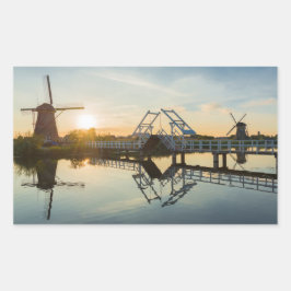 Adesivo Retangular Drawbridge e moinhos de vento ao pôr do sol na Hol