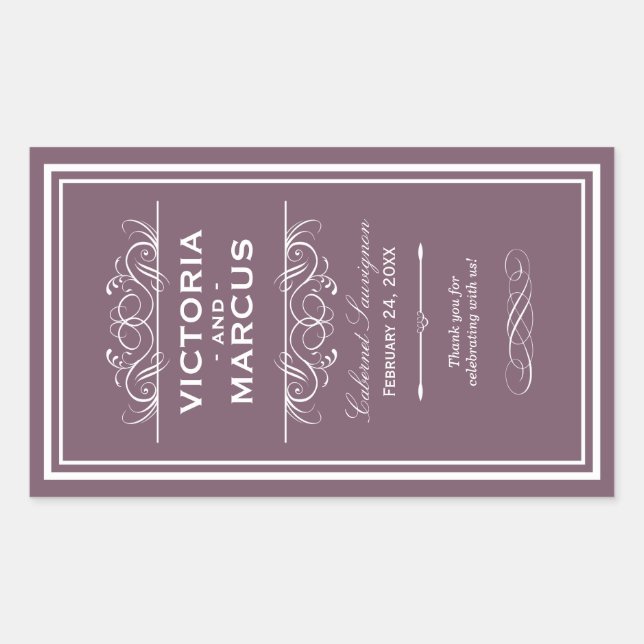 Adesivo Retangular Dusty Plum Elegant Casamento Monograma Garrafa de  (Frente)