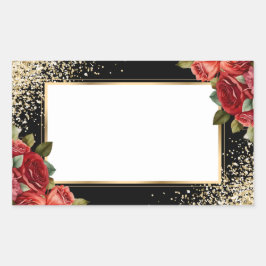 Adesivo Retangular Elegant Black Gold Red Rose Floral Name Tag