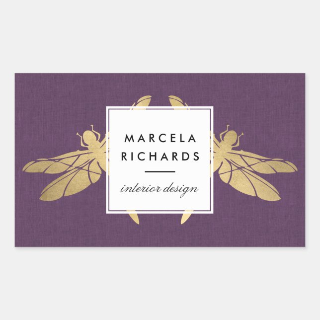 Adesivo Retangular Elegante Faux Dourada Dragonfly Duo em Linen Roxo (Frente)