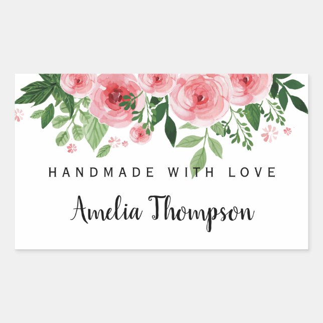 Adesivo Retangular Elegante Floral Personalizado Feito à Mão Com Amor (Frente)